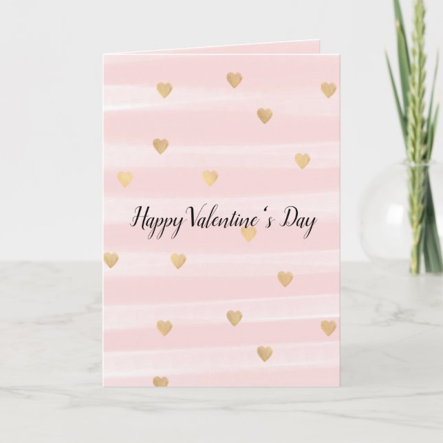 Blush Pink Stripes Gold Hearts Holiday Card (Front)