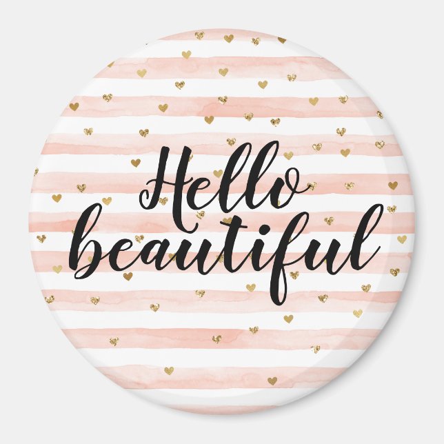Blush Pink Stripes Gold Hearts Magnet (Front)