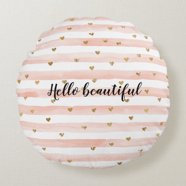 Blush Pink Stripes Gold Hearts Round Cushion (Front)