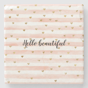 Blush Pink Stripes Gold Hearts Stone Coaster