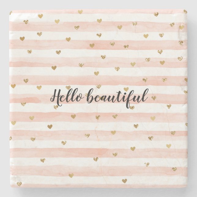 Blush Pink Stripes Gold Hearts Stone Coaster (Front)