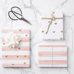 Blush Pink Stripes Gold Hearts Wrapping Paper Sheet