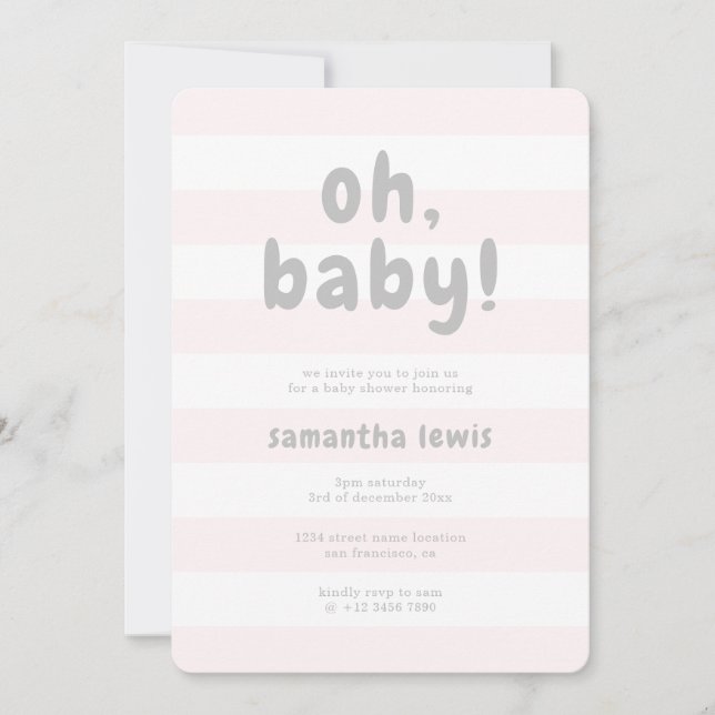 Blush Pink Stripes Light Grey Oh Baby Girl Shower Invitation (Front)