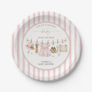 Blush Pink Stripes Locally Grown Baby Shower Paper Plate