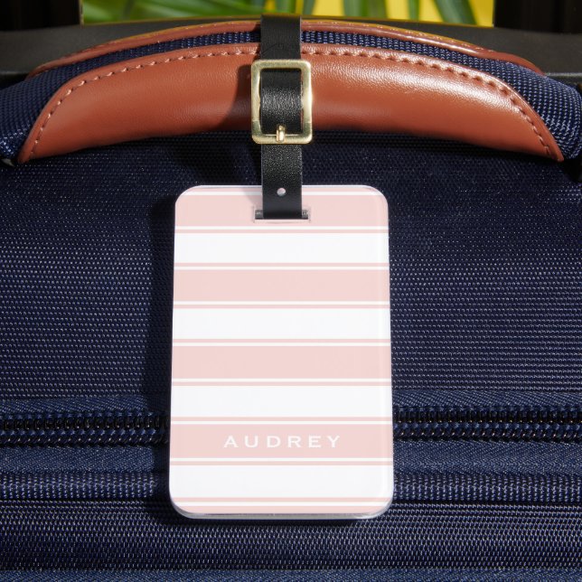 Blush Pink Stripes & Monogram | Modern Minimal Luggage Tag (Front Insitu 2)