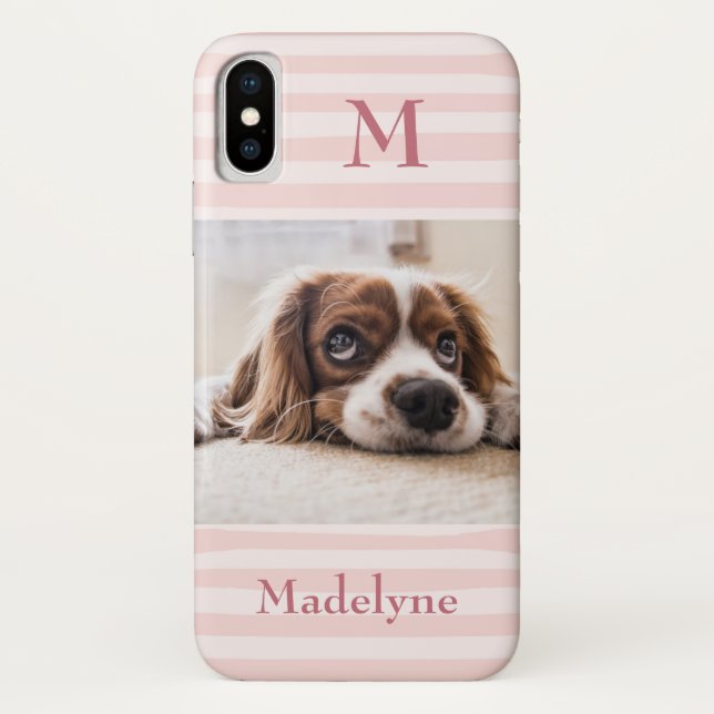 Blush Pink Stripes Monogram Photo Personalised Case-Mate iPhone Case (Back)