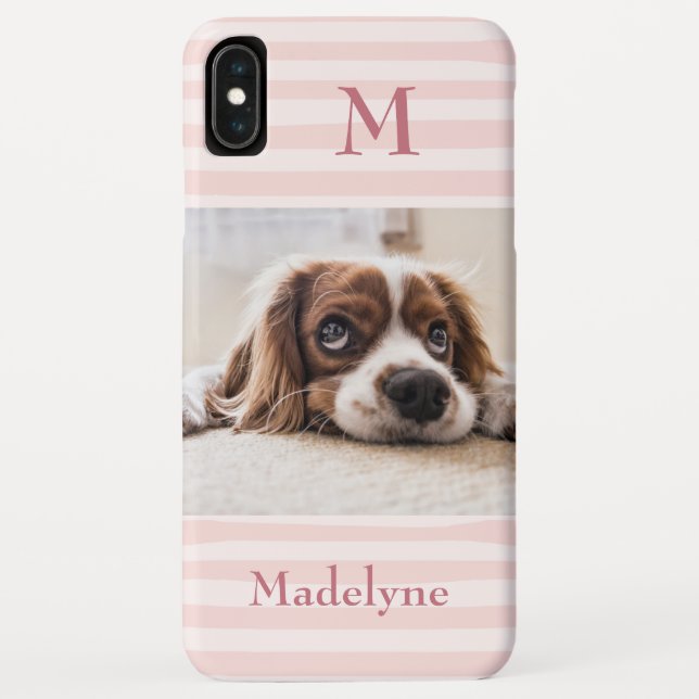 Blush Pink Stripes Monogram Photo Personalised Case-Mate iPhone Case (Back)