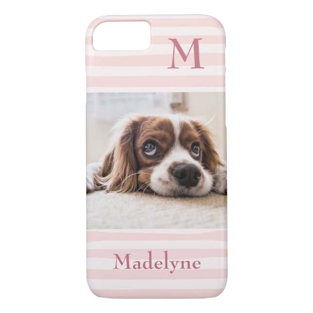 Blush Pink Stripes Monogram Photo Personalised Case-Mate iPhone Case (Back)