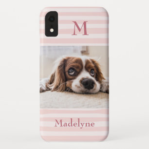 Blush Pink Stripes Monogram Photo Personalised iPhone XR Case