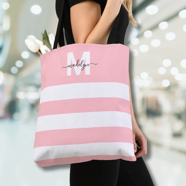 Blush Pink Stripes Name Monogrammed Tote Bag (Blush Pink Stripes Name Monogrammed Tote Bag)