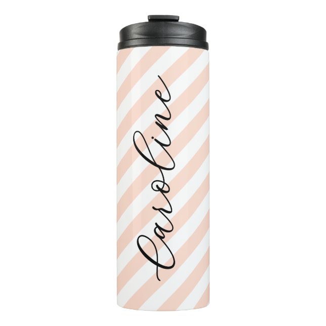 Blush Pink Stripes Script Monogram Thermal Tumbler (Front)