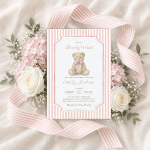 Blush Pink Stripes Teddy Bear Girl Baby Shower Invitation