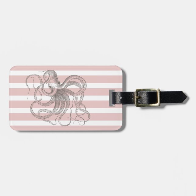 Blush Pink Stripes Vintage Nautical Octopus Luggage Tag (Front Horizontal)