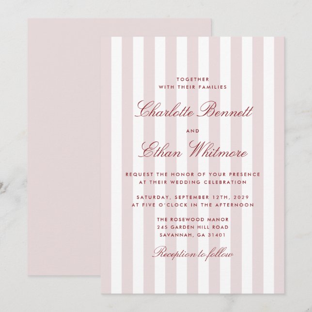Blush Pink Stripes with Red Script Modern Wedding  Invitation (Front/Back)