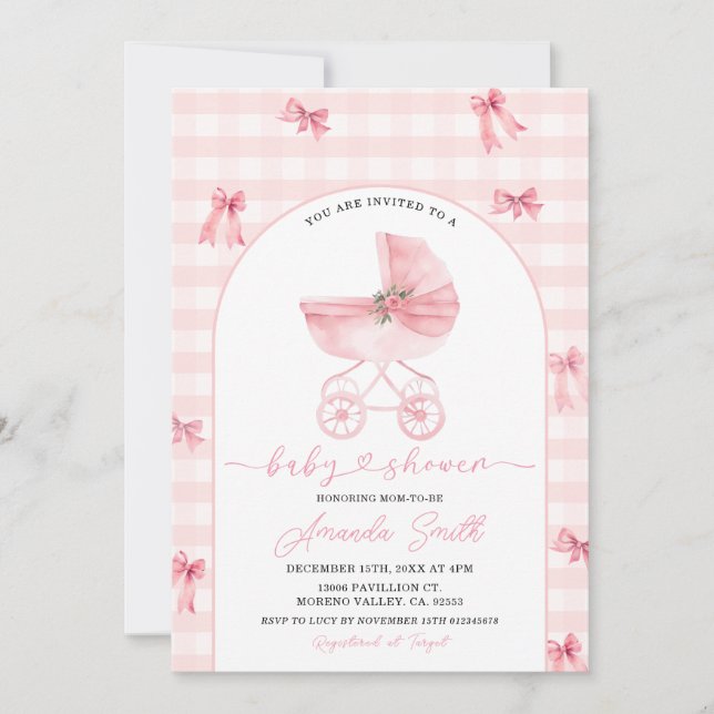 Blush Pink Stroller Gingham Bow Girl Baby Shower Invitation (Front)
