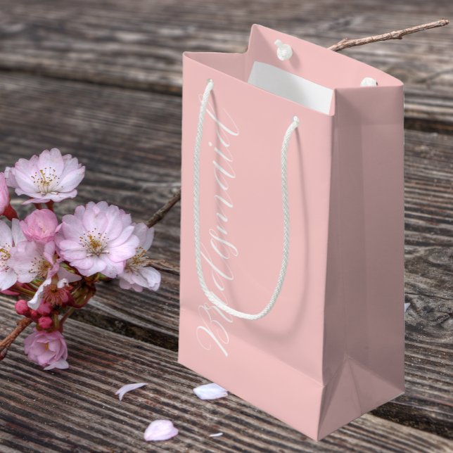 Blush Pink Stylised Script Wedding Bridesmaid Small Gift Bag (In Situ)