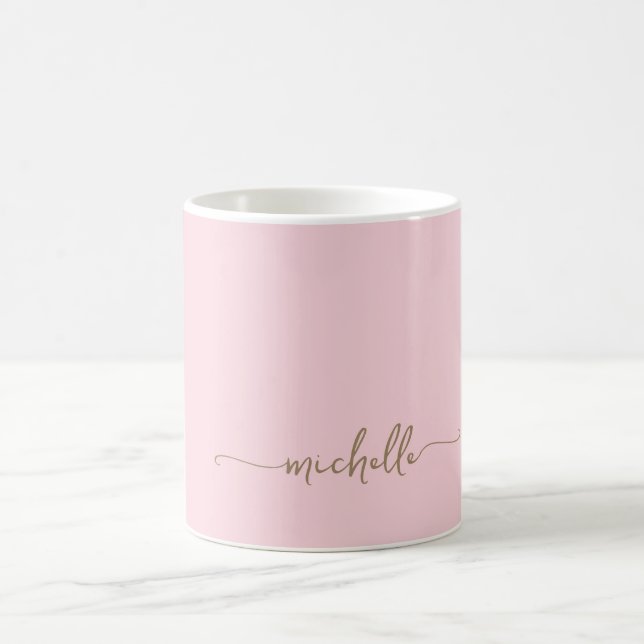 Blush Pink Stylish Gold Monogram Signature Script Coffee Mug (Center)