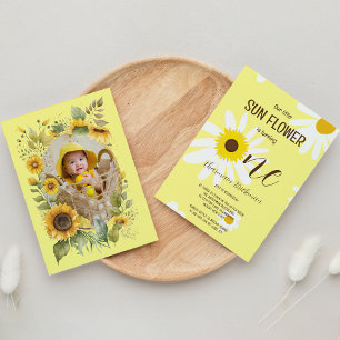 Blush Pink Sun Flower 1st Birthday Photo  Invitation