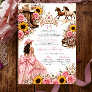 Blush Pink Sunflower Rose Vaquera Quinceañera Invitation