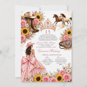 Blush Pink Sunflower Rose Vaquera Quinceañera Invitation