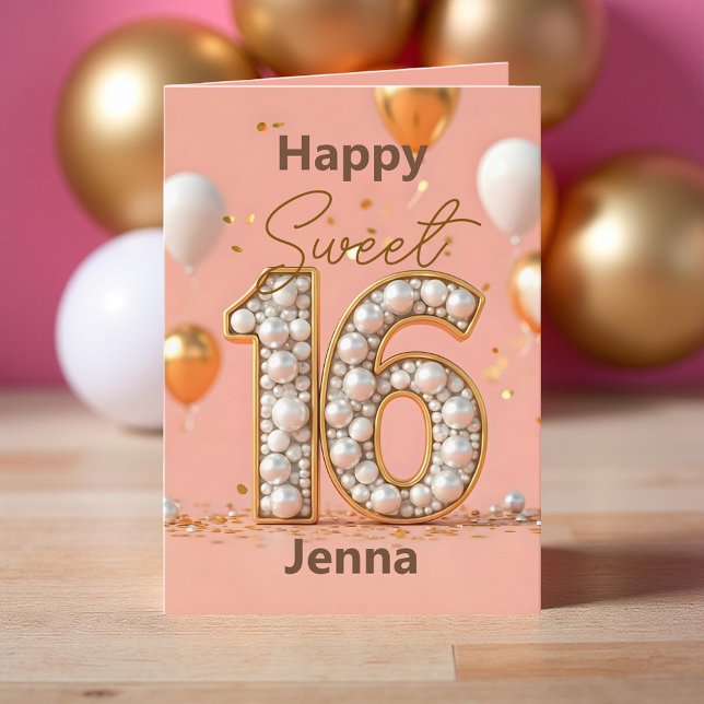 Blush Pink Sweet 16 Gold Pearl Number and Balloons Card (Creator Uploaded)