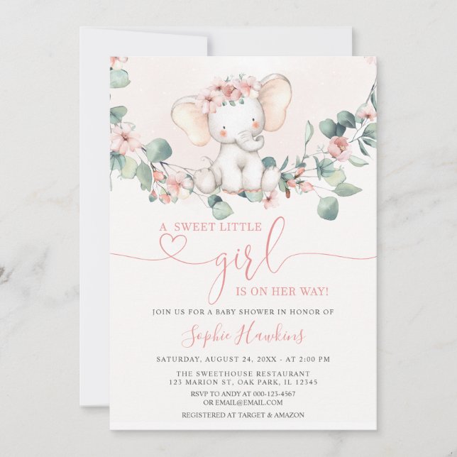 Blush Pink Sweet Little Girl Elephant Baby Shower Invitation (Front)