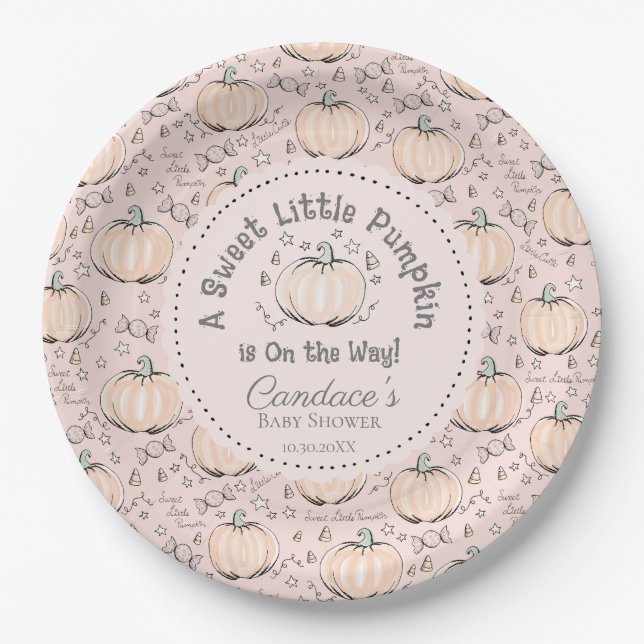 Blush Pink Sweet Little Pumpkin Fall Baby Shower Paper Plate (Front)