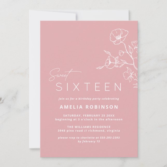 Blush Pink Sweet Sixteen Airy Floral 16th Birthday Invitation (Front)