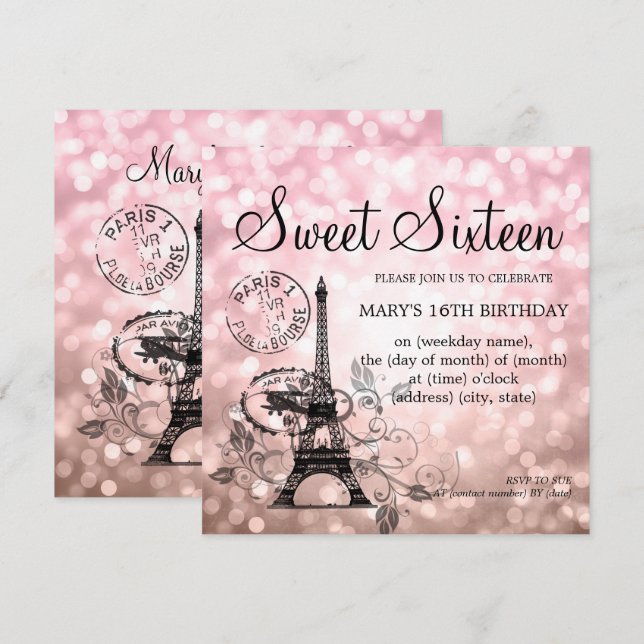 Blush Pink Sweet Sixteen Romantic Paris Glam Invitation (Front/Back)