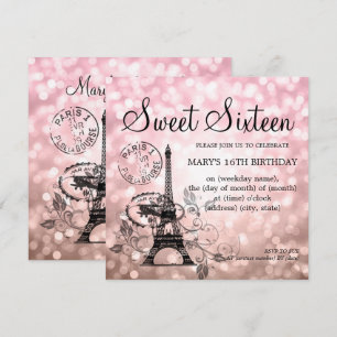 Blush Pink Sweet Sixteen Romantic Paris Glam Invitation