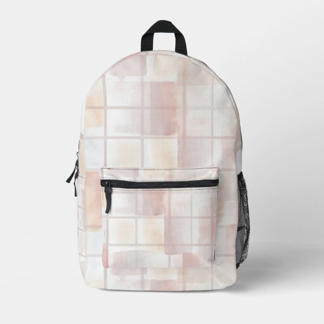 Blush Pink Tan Cream Squares Printed Backpack (Front)