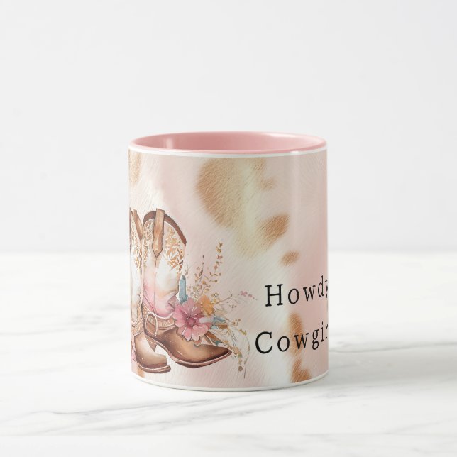 Blush Pink Tan Southwest Cowgirl Cowhide Boots Mug (Center)