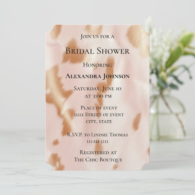 Blush Pink Tan Southwest Cowhide Bridal Shower Invitation (Standing Front)
