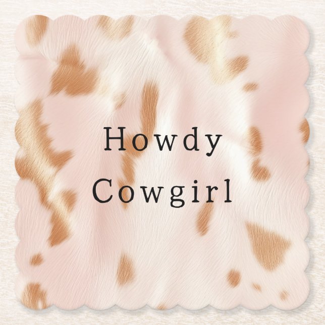 Blush Pink Tan Southwest Faux Cowgirl Cowhide Paper Coaster (Front)