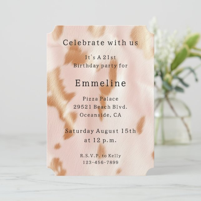 Blush Pink Tan Southwest Faux Cowhide Birthday Invitation (Standing Front)