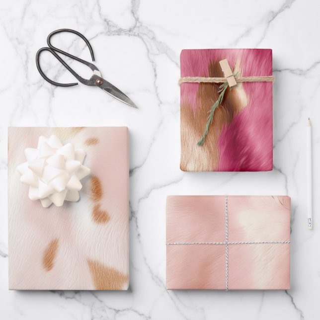 Blush Pink Tan Southwest Faux Cowhide Wrapping Paper Sheet (Front)