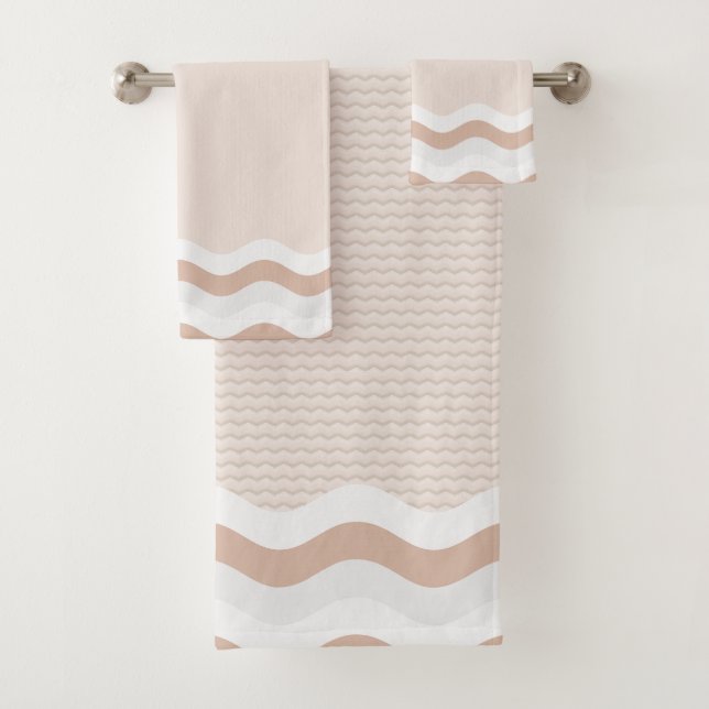 Blush Pink Tan Wavy Stripes Seamless Pattern Bath Towel Set (Insitu)