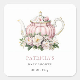 Blush Pink Tea Party Girl Baby Shower Square Sticker
