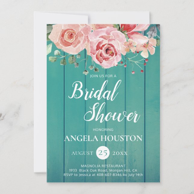 Blush Pink Teal Blue Floral Watercolor Shower  Invitation (Front)