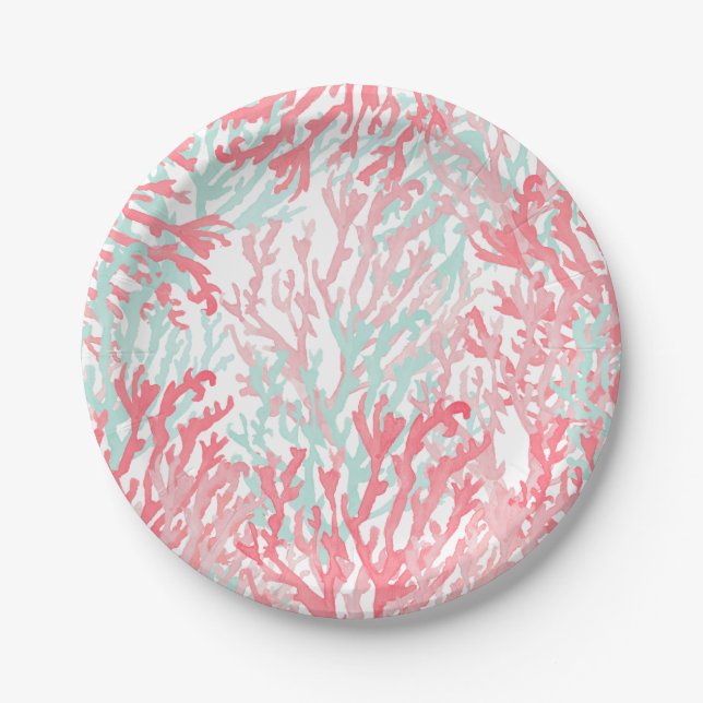 Blush pink teal coral hand painted reef floral paper plate (Front)
