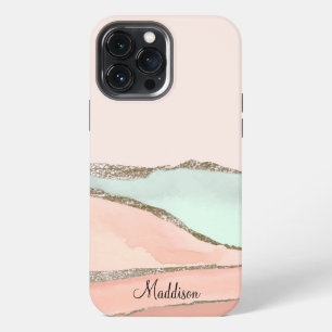 Blush Pink Teal Glitter Ombre Marble Monogram iPhone 13 Pro Max Case