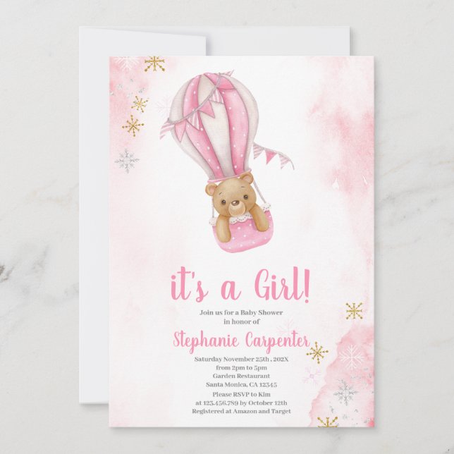 Blush pink teddy bear Baby Shower Girl Invitation (Front)