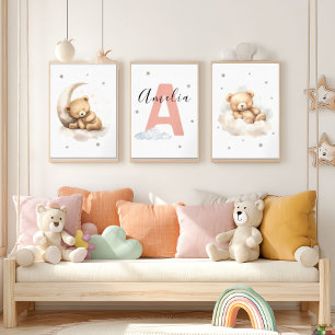 Blush Pink Teddy Bear Nursery Wall Art Custom Name