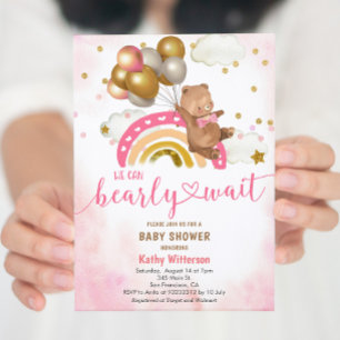 Blush Pink Teddy Bear We Can Bearly Wait Baby Show Invitation
