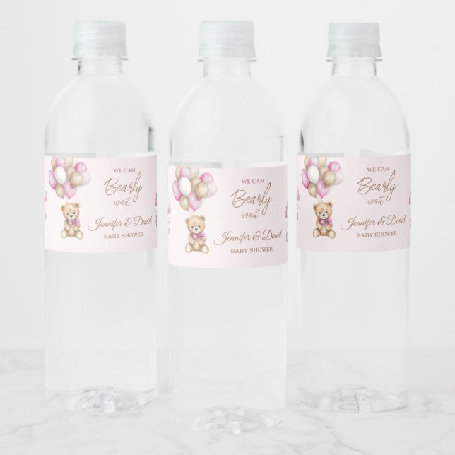 Blush Pink Teddy Girl Baby Shower Water Bottle Label (Bottles)