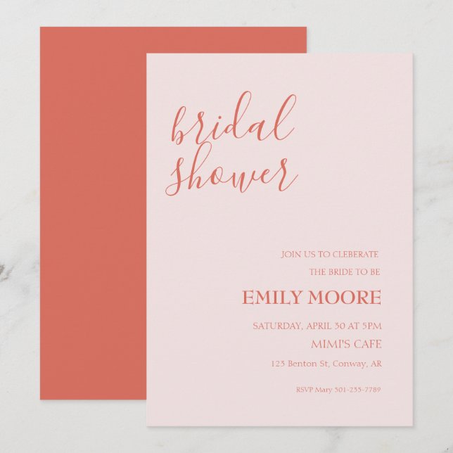Blush pink terracotta calligraphy bridal shower   invitation (Front/Back)