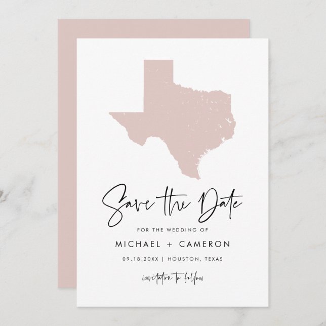 Blush Pink Texas Map Modern Minimalist Script Save The Date (Front/Back)