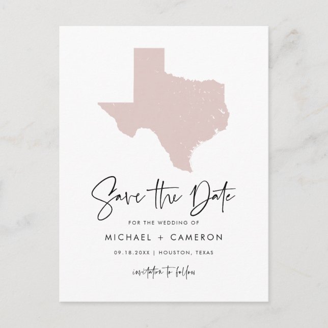 Blush Pink Texas Map Modern Script Save the Date Announcement Postcard (Front)