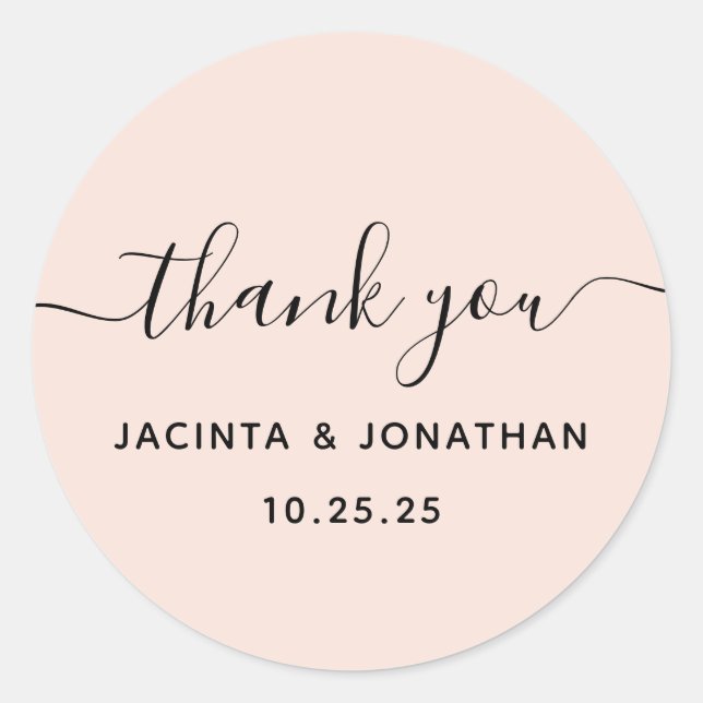 Blush Pink Thank You Wedding Classic Round Sticker (Front)