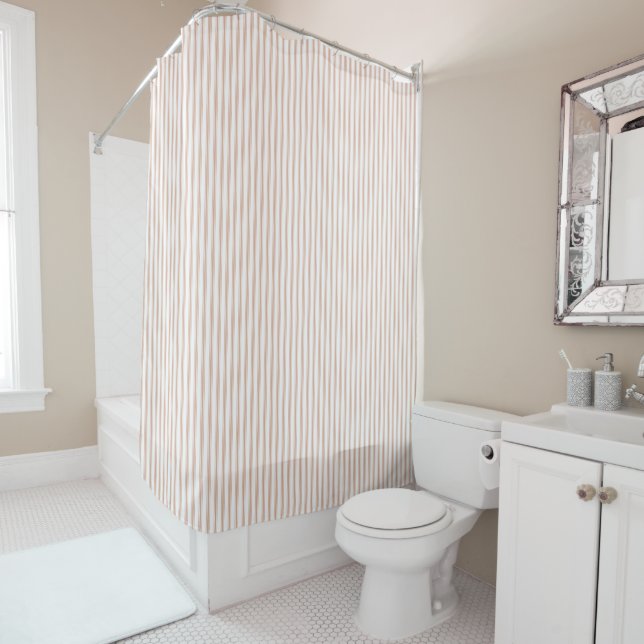 Blush Pink Ticking Stripe Shower Curtain (In Situ)